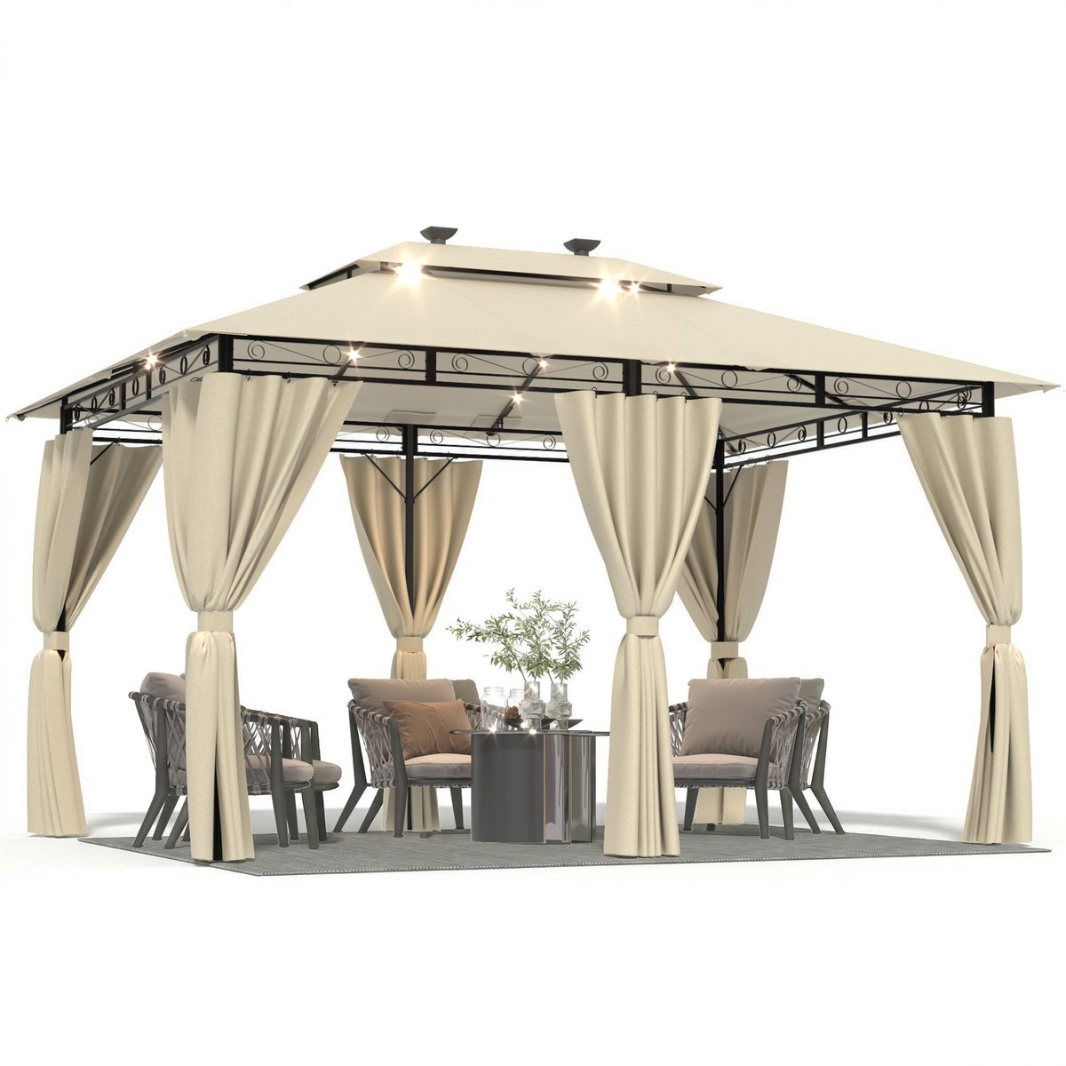 Devoko Tuinpaviljoen 3x4 m - LED-verlichting op zonne-energie - Instelbare helderheid-timerfunctie - waterdicht en UV-bestendig - ademend dubbel dak - met 6 zijwanden - Beige