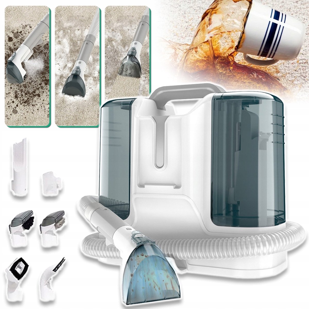 Stoffen Reinigingsmachine Vlekkenreiniger - Krachtige Motor Van 450W Dubbele Tank (1800 ml Schoon/600 ml Vuil) 6 Reinigingskoppen - Voor Tapijt, Bank En Bed - Wit