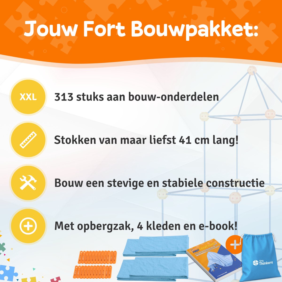 Fort Bouwpakket XXL met 313 Onderdelen + Kleden & Knijpers - Incl. Opbergzak & E-book - Speeltent - Educatief Speelgoed - Bouwspeelgoed - Hut Bouwen — afbeelding 3