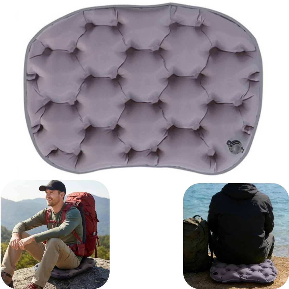 Zitkussen - Opblaasbaar zitkussen - Kampeerzitkussen - Graskussen - Draagbaar - Zacht - Opblaasbaar - Outdoor accessoires - Geschikt voor tribunes, kamperen, wandelen (grijs, 38*27cm)