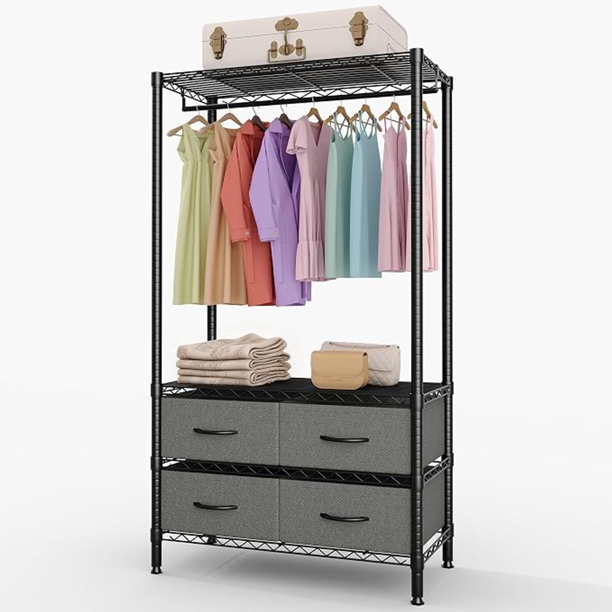 Triumpunpre vrijstaand metalen kledingrekken zwart – open garderobe met 4 laden en één hangstang, multifunctioneel opbergrek voor kleding