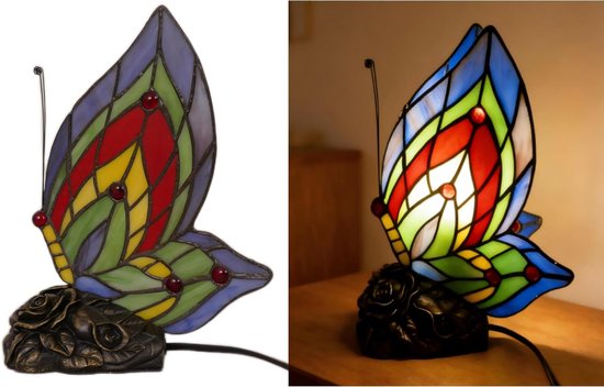 Tafellamp in Tiffany-stijl met vlinderdesign - gebrandschilderd glas, vintage metalen voet - geschikt voor slaapkamers, woonkamers en als nachtlampje op kantoor. — afbeelding 3
