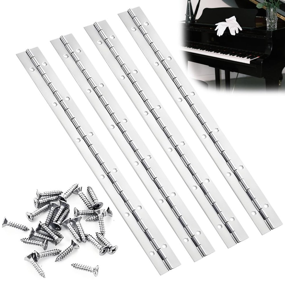 Omgoods - 4 Stuks RVS Piano Haken met 48 Schroeven voor Meubeldeuren