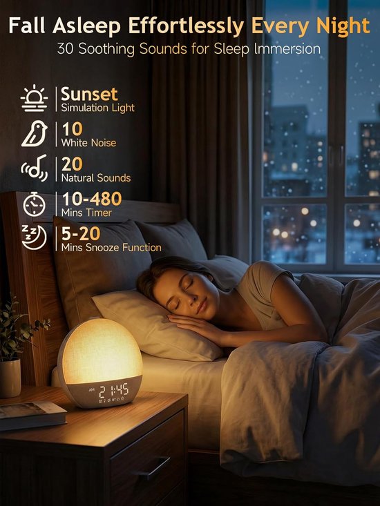 Wekker met Licht - Wake up Light - Rustig Wakker Worden - Zonsopgang Simulatie - 17.9 x 15.8 cm - Geel — afbeelding 4