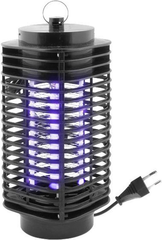 Zwarte elektrische insectenlamp met blauw UV-licht en een stekker.