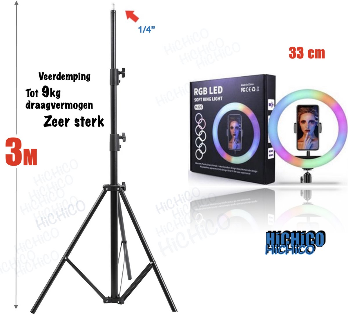 Professionele Ringlamp 33 cm met Extra Stevig Statief van 280 cm - Ideaal voor Foto's, Video's, Beauty & Social Media Incl. Bluetooth afstandsbediening - Ring Light - flitser - Studiolamp – FotoStudio - Ring Lamp - HiCHiCO® LED Soft Ring Light
