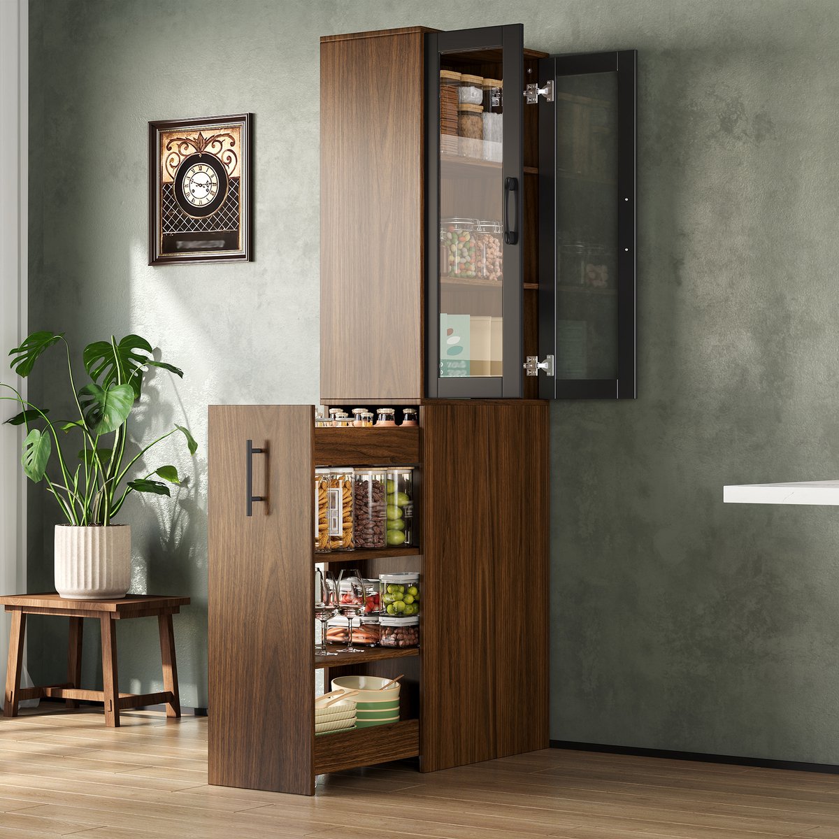 COVREO Keukenkast 60x30x180 cm zwart naturel MDF, glazen deuren, trolley