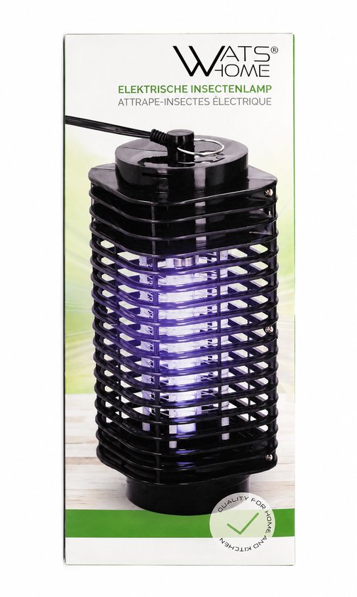 Doos van een Wats Home elektrische insectenlamp met productafbeelding.