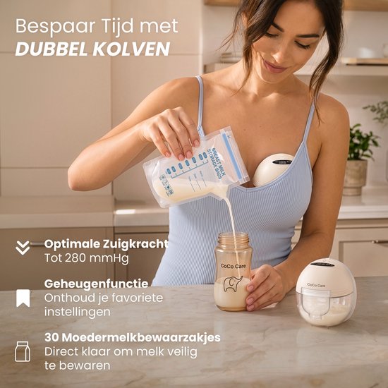 CoCo Care® Dual Flow Pro 2025 - Elektrische Borstkolf - Handsfree Borstkolf - Borstkolf Handsfree - BPA-vrij - Inclusief PPSU Babyfles & 30 Melkbewaarzakjes - Beige van Merkloos — afbeelding 4
