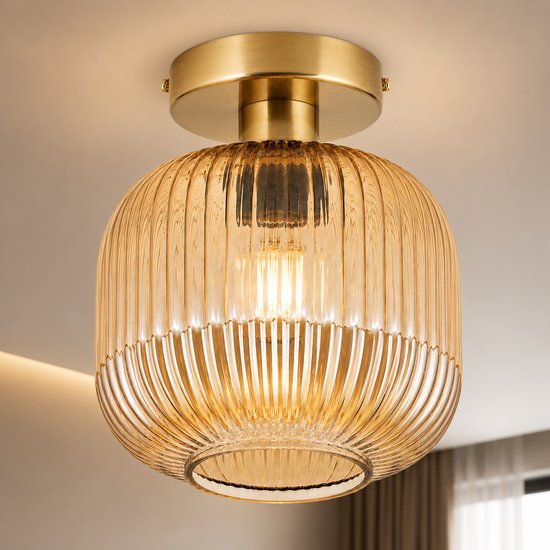 Clarvel Vayo Plafondlamp Goud - Amber Glas Plafondlamp - Luxe Glazen Plafondlamp - E27 Plafondverlichting - Moderne Design Lamp voor Woonkamer, Hal, Slaapkamer en Eetkamer