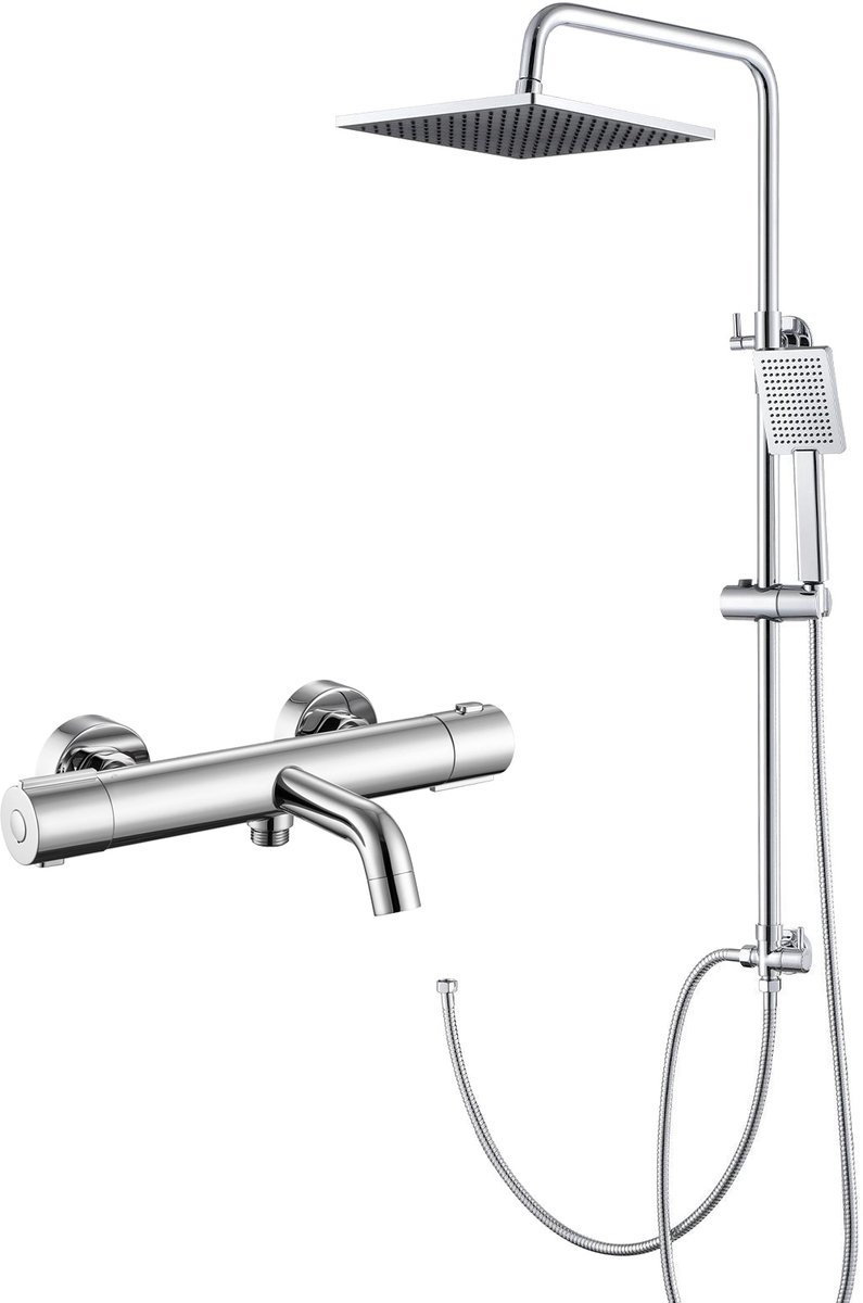 Auralum Max Doucheset - Douchesysteem met Thermostaat - Inclusief thermostaatkraan Badkraan - 3 Functies - 10 inch Vierkante Douchekop - Hoogte Verstelbaar 74-109cm - Waterbesparend - Wandmontage - Chroom