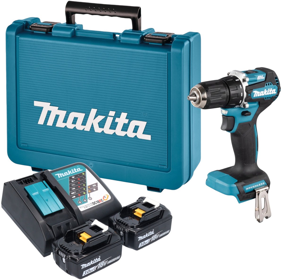 Makita DDF 487 RFE accuboormachine 18 V 40 Nm borstelloos + 2x accu 3,0 Ah + oplader + koffer