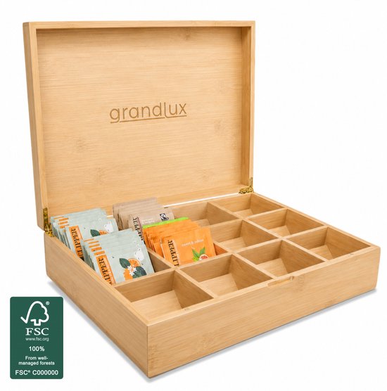 Grandlux Theedoos 12 Vaks - Ruime Vakken geschikt voor Clipper, Pukka, Twinings & Losse Thee - Bamboe