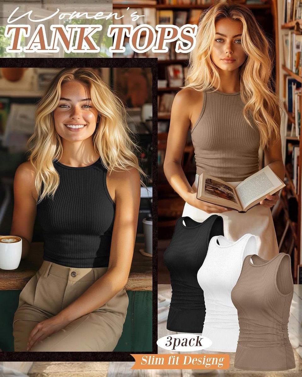 Set van 3 Dames Mouwloze Tanktops met Ribbels, Slim Fit, Ronde Hals en Zijsplitten voor de Zomer