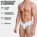 Man met witte slip, ultrazacht en ademend. Comfortabel ontwerp, lichtgewicht & zweetafvoerend, stikselvrije heupband, zijdezacht.