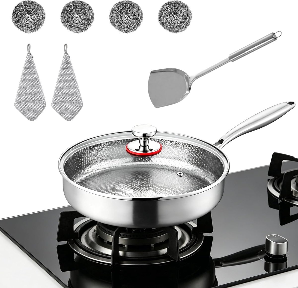 Pan 24 cm ongecoat, titanium pan 24 cm met deksel | Titanium koekenpan, ongecoat, Titanium Pro, hamered, titanium, krasbestendig, bevat geen PTFE PFOA, voor alle kookplaten