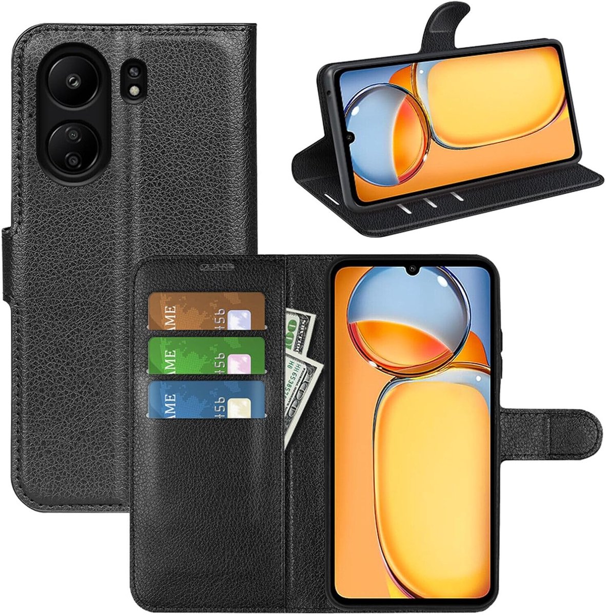 Betterfon Hoes voor mobiele telefoon, compatibel met Xiaomi Redmi 13C / C65, premium kwaliteit TPU klaphoes voor Redmi 13C / C65 met kaartsleuven, magneetsluiting, telefoonhoes, zwart