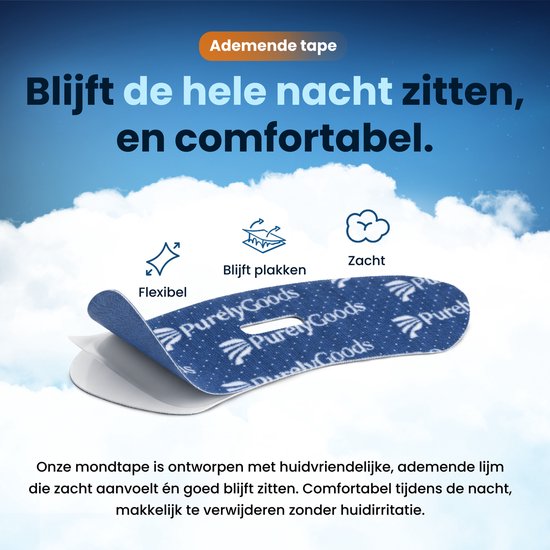 Blauwe ademende tape met 'PurelyGoods' logo, flexibel, blijft plakken en zacht. Blijft de hele nacht zitten, en comfortabel.