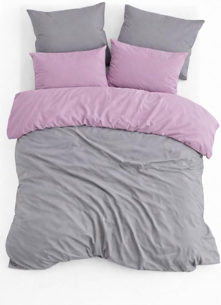 Dekbedovertrek Set, Dubbelzijdig, 100% Renforcé Katoen, Tweepersoons 200x220 cm, Grijs/Lila, Inclusief 2 Kussenslopen 60x70 cm, Zacht & Ademend (Lila/Grijs, Dubbel)