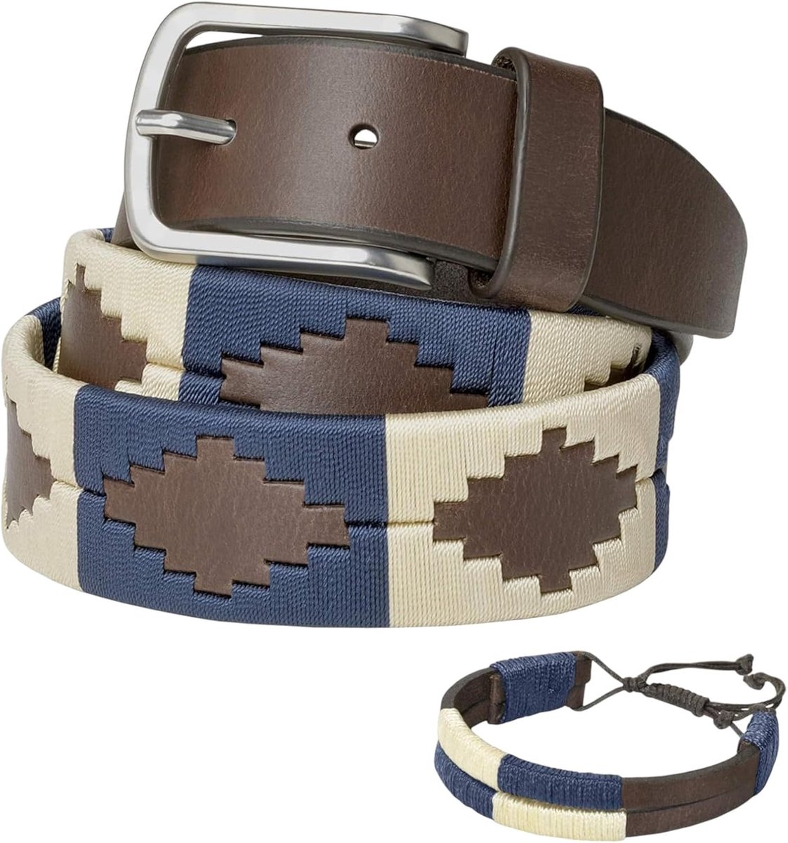 Leren riem, met bijpassende armband van leer en draad. Geborduurde riem op leer, voor mannen en vrouwen. Argentijnse Polo riemen.
