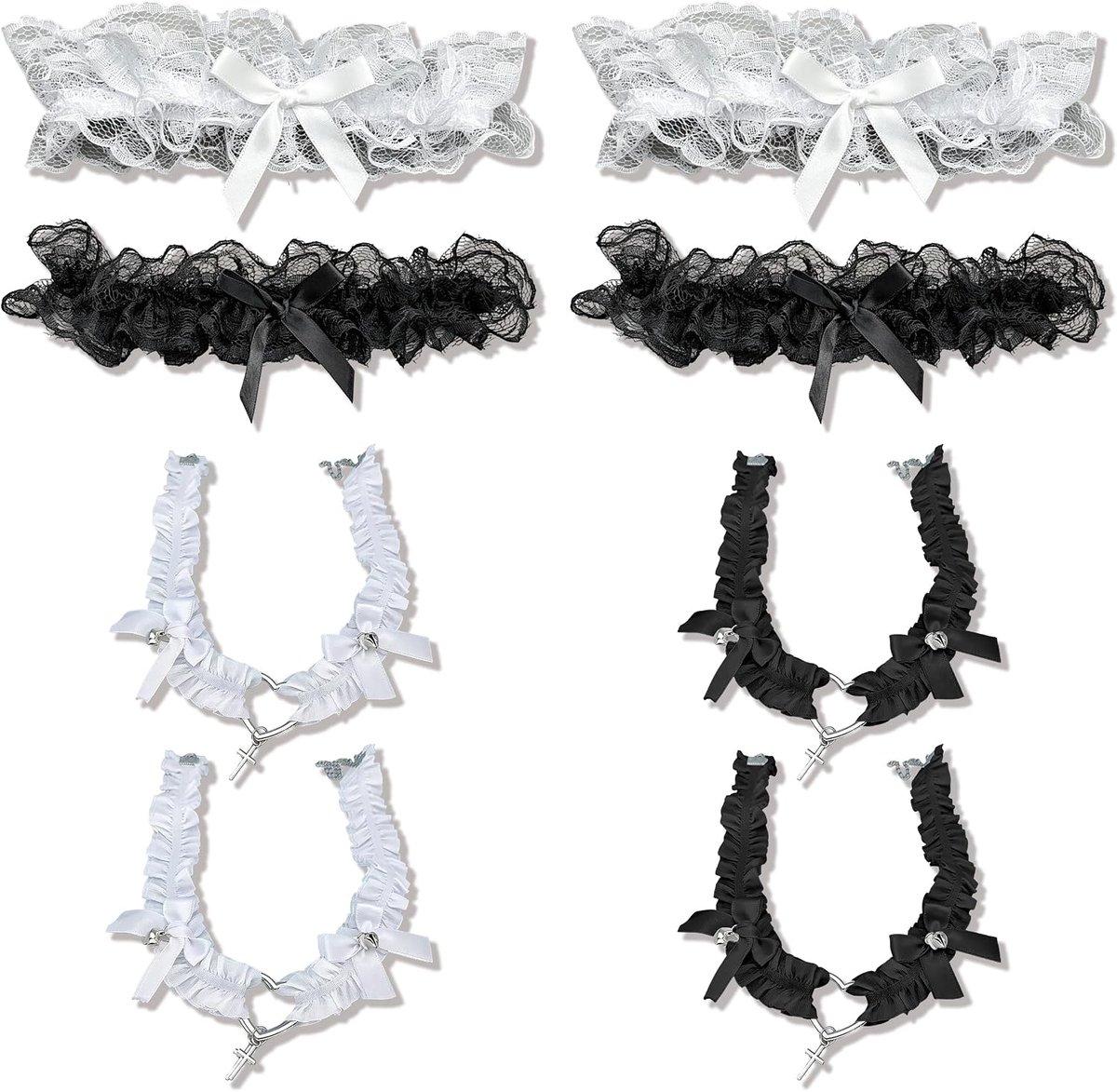 8 Stuks Kousenband voor Bruid, Zwart-Witte Kanten Kousenbanden als Set, Zwarte Kousenband met Hartvormige Ring met Strik en Kruisbedel voor Bruiloft Halloween en Kostuum