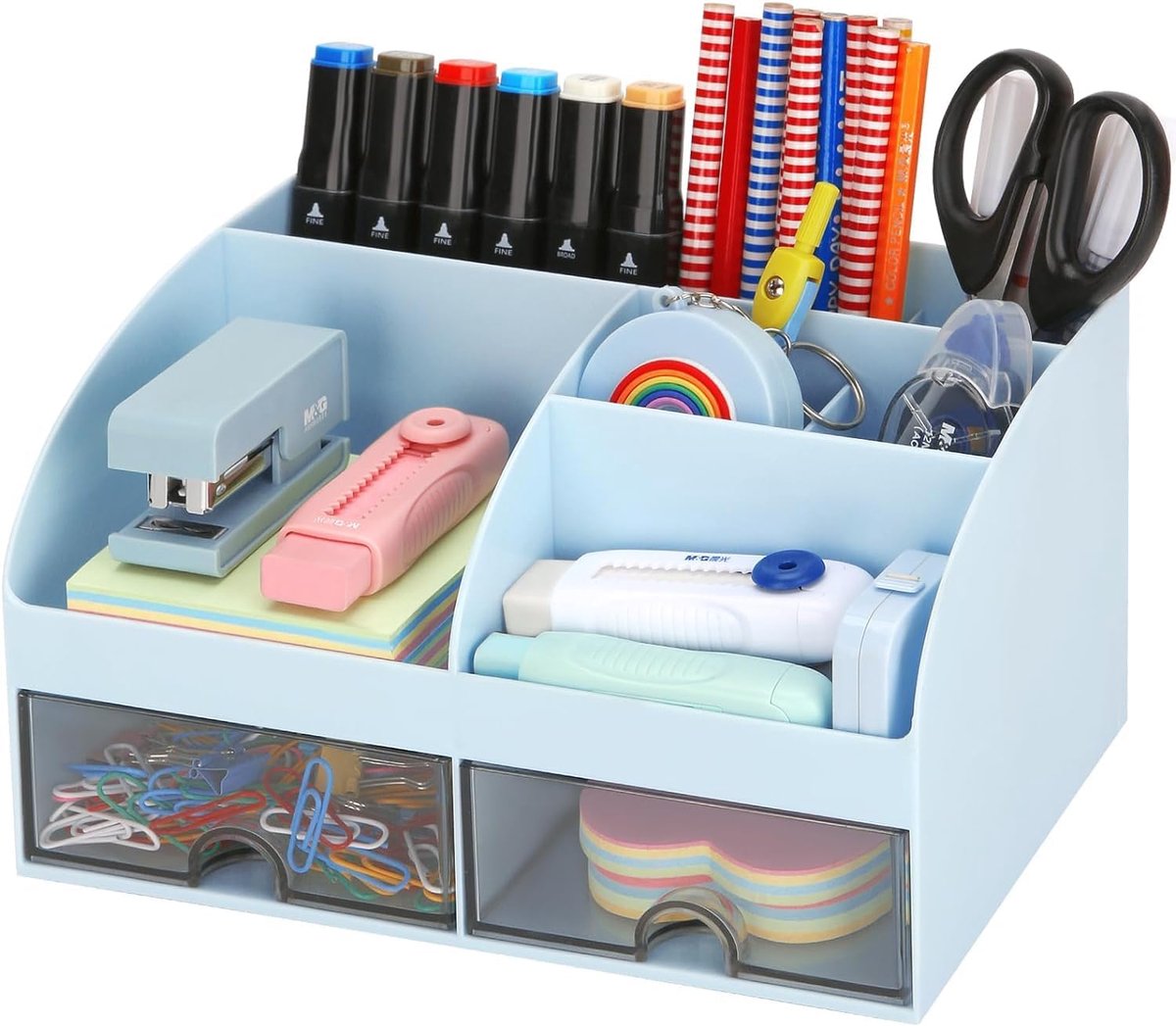 Bureauorganizer met 2 laden, 19 cm x 14 cm, multifunctionele bureau-opgeruimde organizer, pennenhouder met grote capaciteit, make-uporganizer voor kinderen, lerarencadeau, kantoor, school
