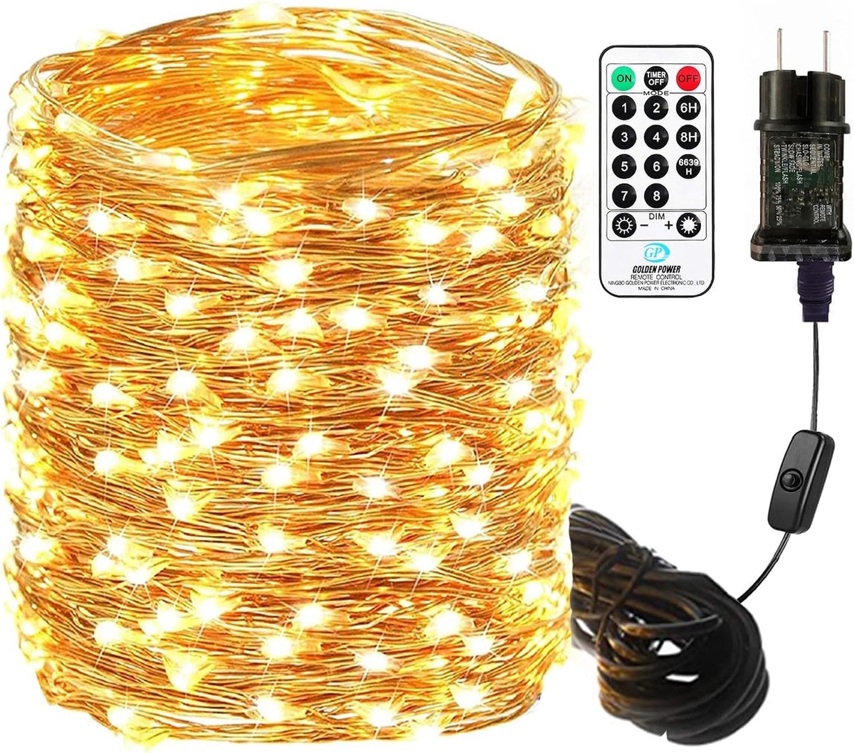 Lichtsnoer van koperdraad, 20M 200 LEDs, Warmwit Lichtketting met stekker en afstandsbediening, waterdicht IP65 Fairy Lights, binnen- en buitendecoratie voor Kerstmis, bruiloft, tuin, feest