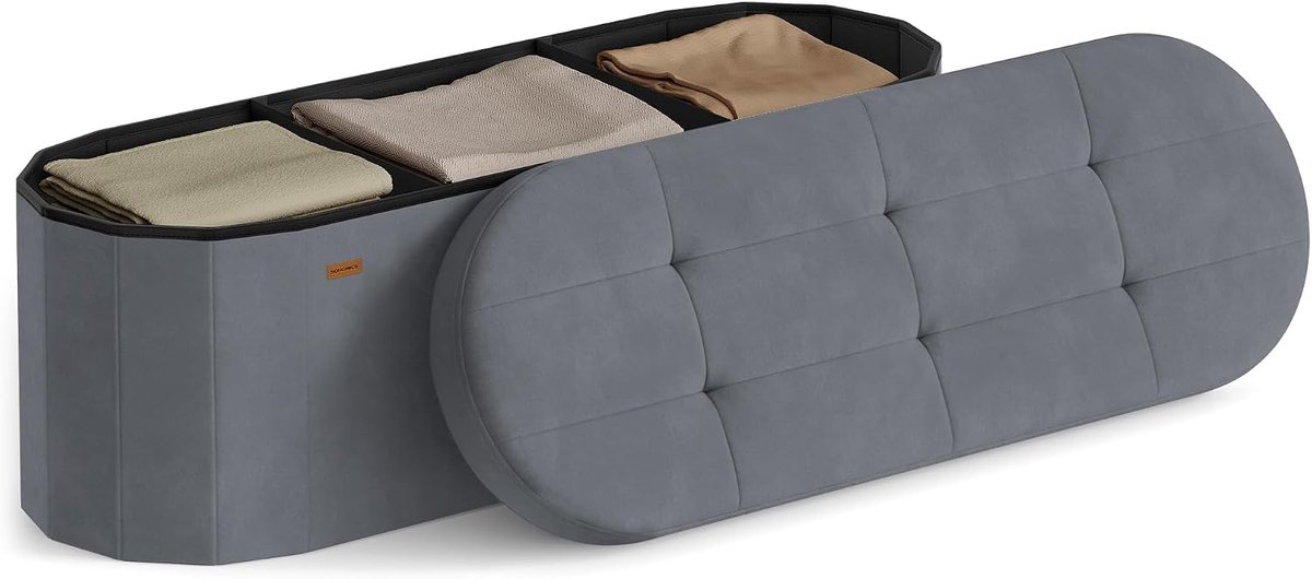Zitbank met opbergruimte, opbergdoos, opvouwbare voetenbank, eenvoudige montage, voor woonkamer, hal, slaapkamer, fluweel, 110 l, 38 x 110 x 38 cm, leigrijs LSF297GN01