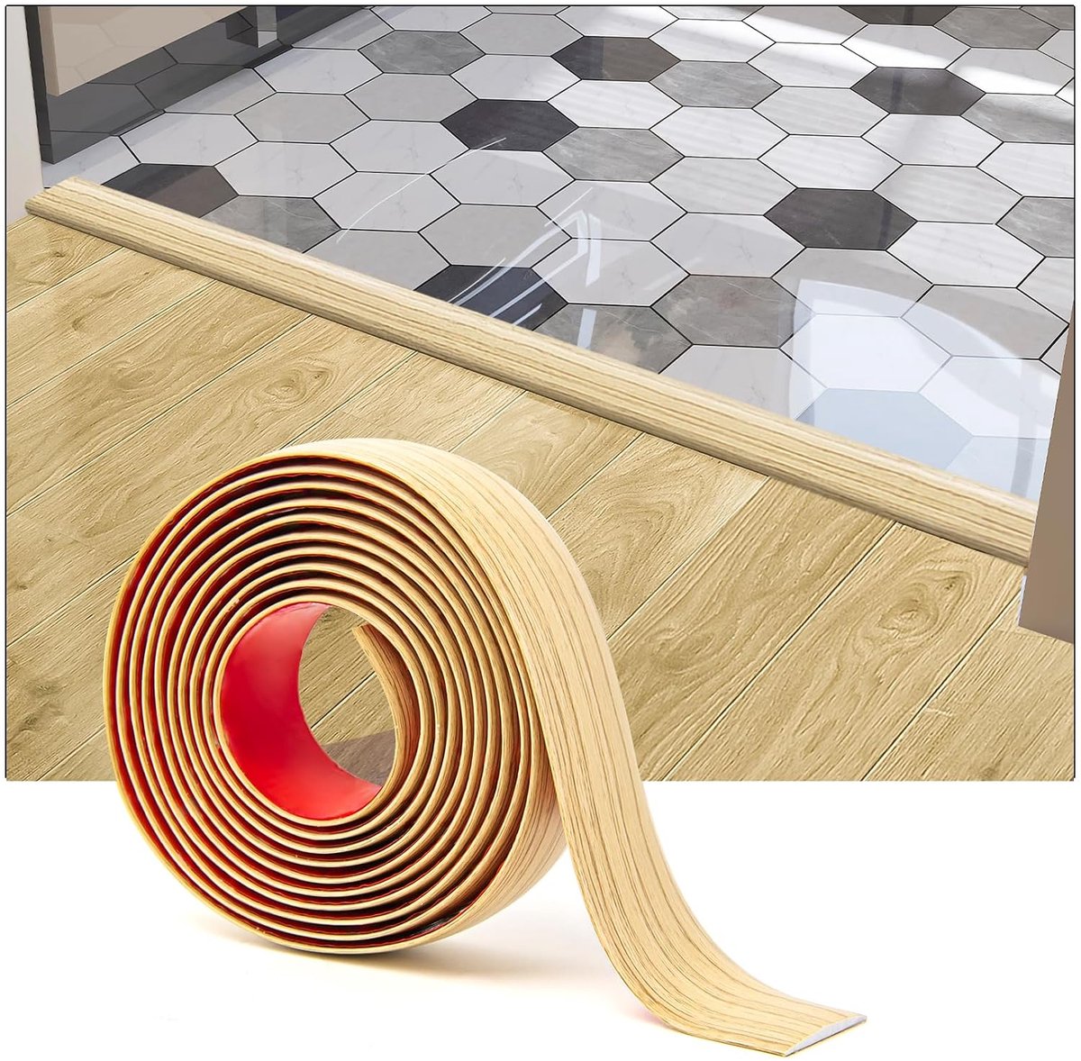 Zelfklevende vinylvloerovergangstroken laminaatvloerstrips platte vloerscheidingsstrips voor het verbinden van vloergaten tapijtdrempelovergang tegelvloer 304x4x0,3cm Aspen Geel