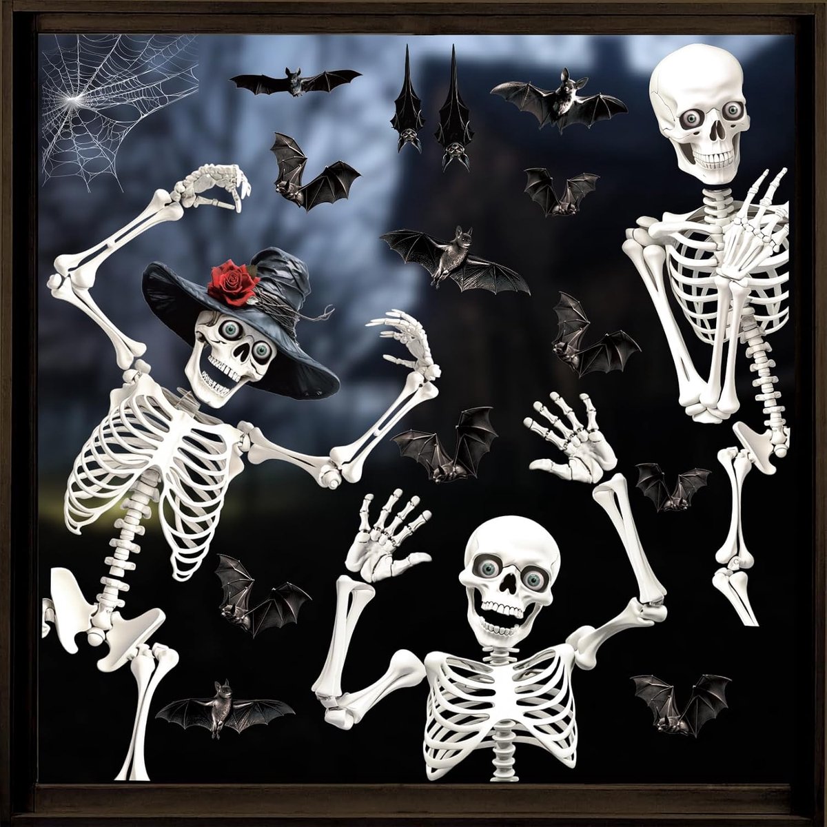 Halloween raamafbeeldingen, 4 stuks horror menselijk skelet decoratieve stickers, herbruikbaar, voor Halloween-decoraties en horrorfeestdecoraties