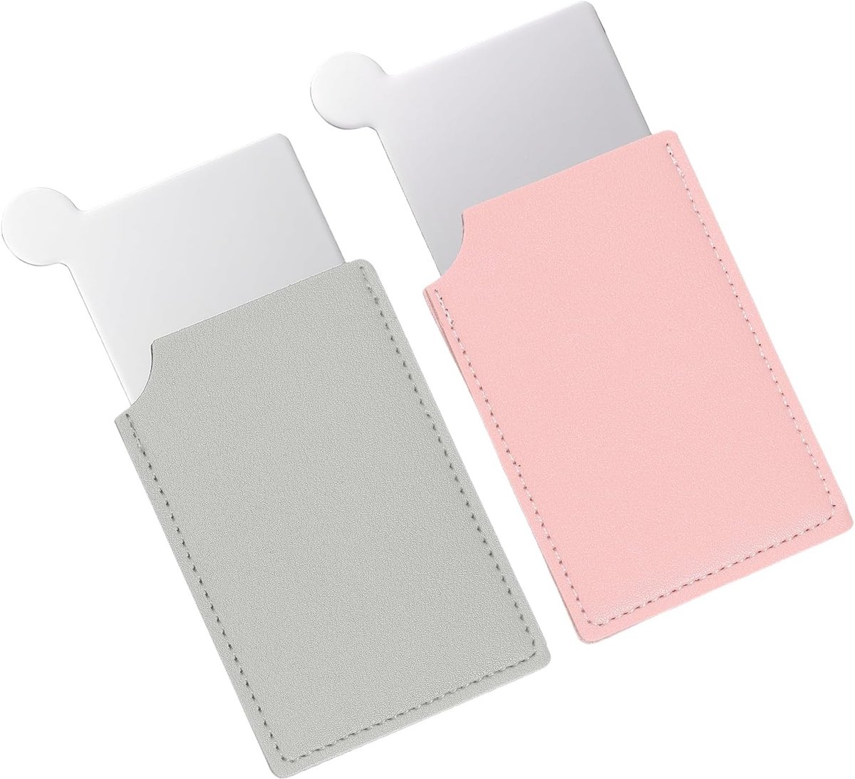 Kleine zakspiegel voor vrouwen, compacte roestvrijstalen spiegel, draagbaar, met lederen hoes, cadeau (grijs/roze, 6,3 x 9,4 cm)