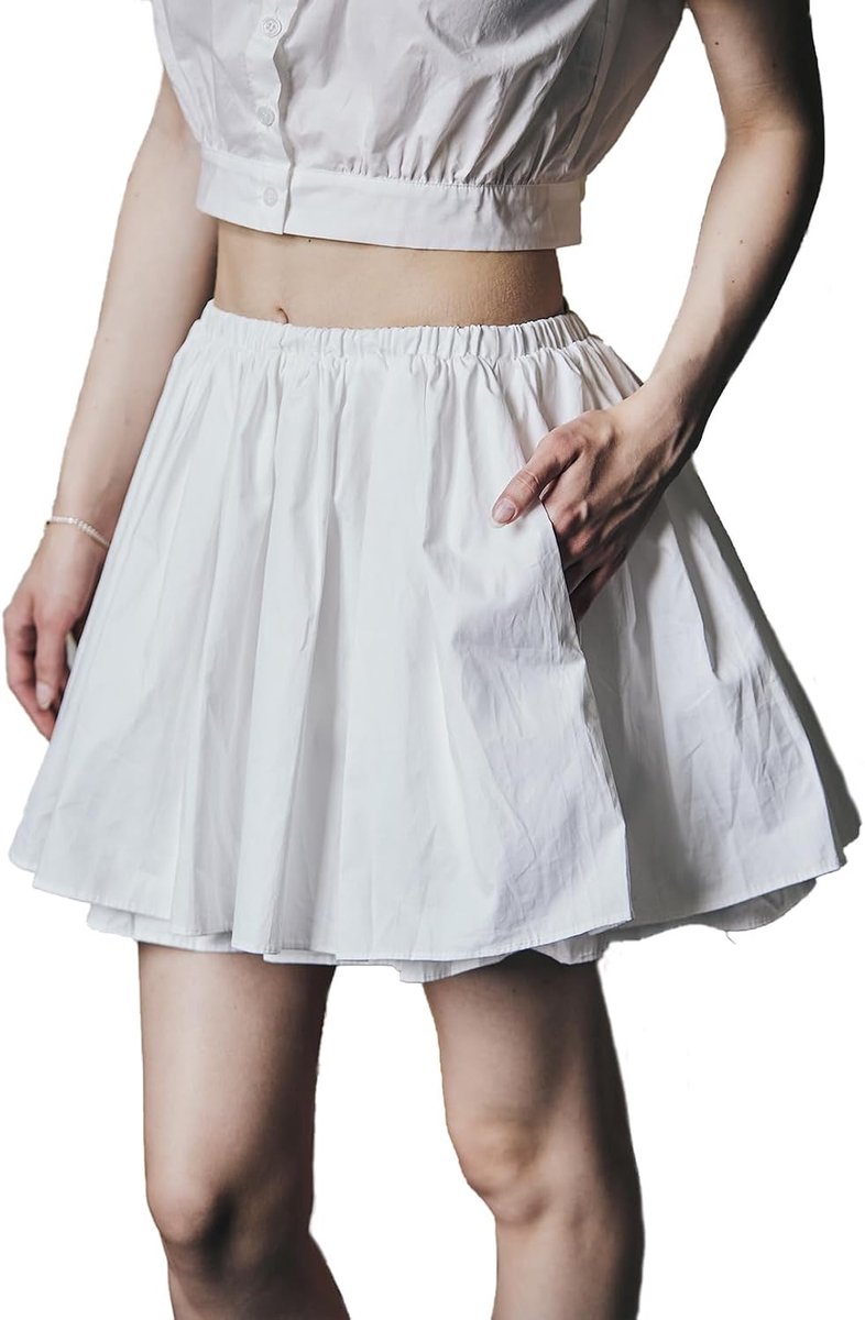 Korte damesrok, zomer, 100% katoen, A-lijn, mini-rok, casual, solide, plooirok met zakken, vrijetijdsrok, wit
