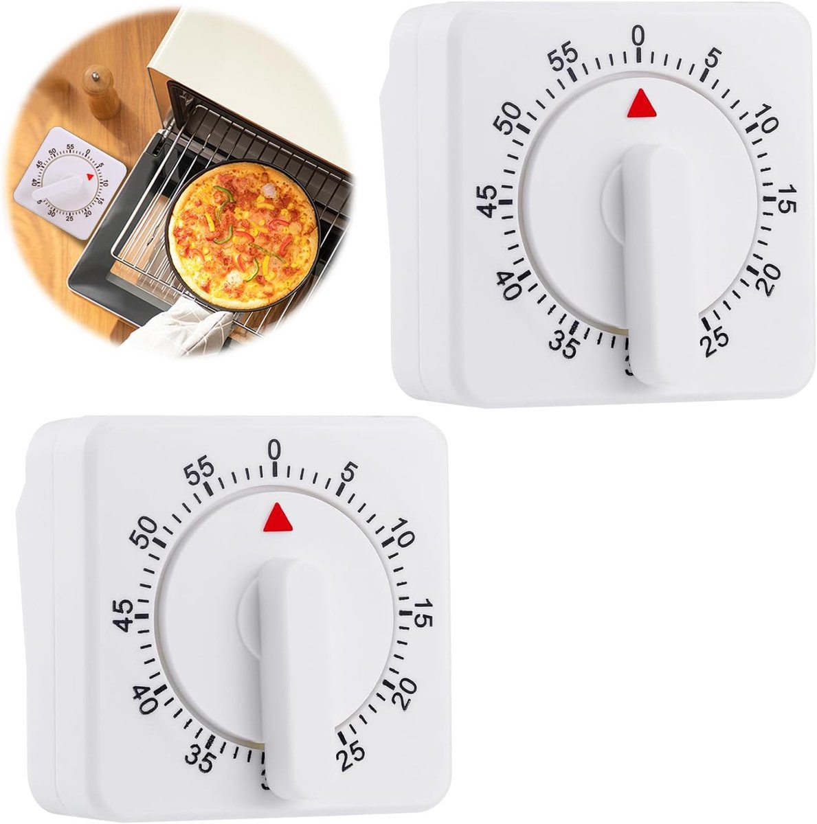 2 stuks korte tijdwekker voor de keuken, eierwekker, mechanische keukenwekker, korte wekker voor keuken met luid alarm, 60 minuten korte timer voor huishouden, keuken, koken, bakken, sport, kantoor