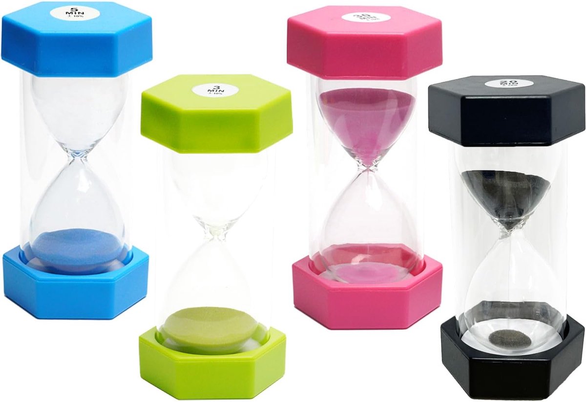 Zandloper voor kinderen, zandloper glas timer kleurrijke zandlopers set keuken timer decoratie uurwerk timer 3/5/20/30 minuten 4 stuks