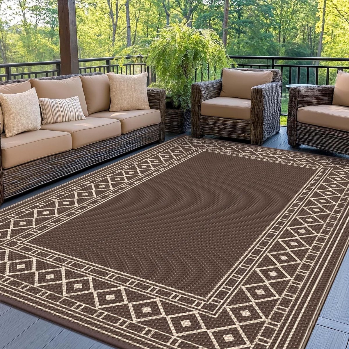 Buitenkleed Waterdicht, Wasbaar Picknickkleed voor Tuin, Balkon, Terras, UV-bestendig, Omkeerbaar Vloerkleed voor Camping, 180x275cm, Koffie beige