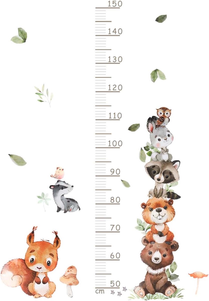 Kindermuursticker, kinderkamer, dieren, muurstickers, kindermeetlat, kindermeetlat, cartoon, bos, muursticker, kinderkamer, hoogte diagram, wanddecoratie voor kind en babykamer (150 cm)