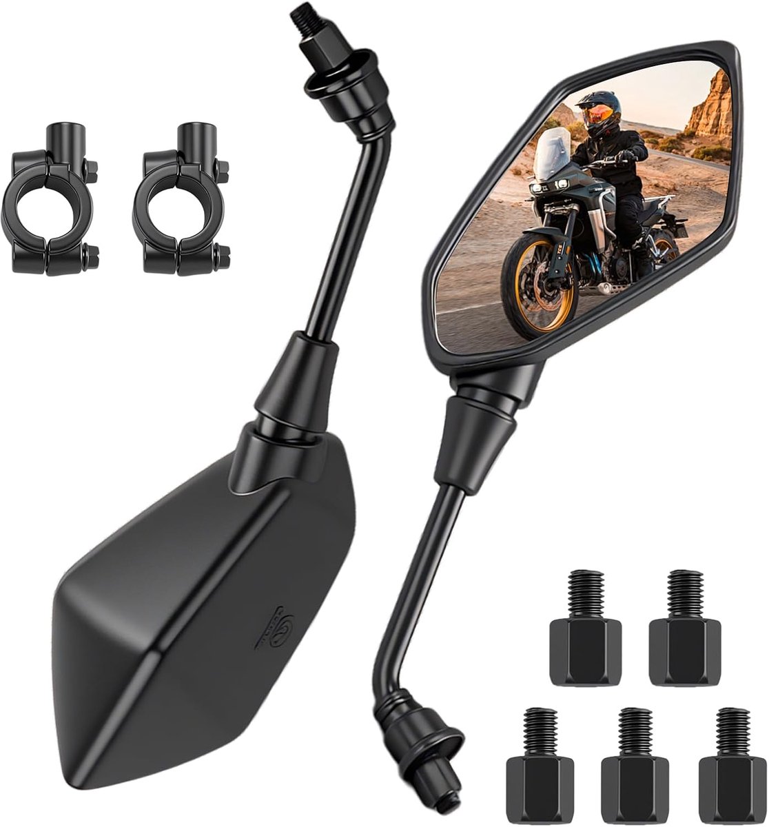 Spiegelset, motorfiets achteruitkijkspiegel E-gekeurd met M8 M10 rechtsdraad en linksdraad, universele motorfietsspiegel, scooter spiegel voor ATV, E-bike, bromfiets, scooter (Zwart)