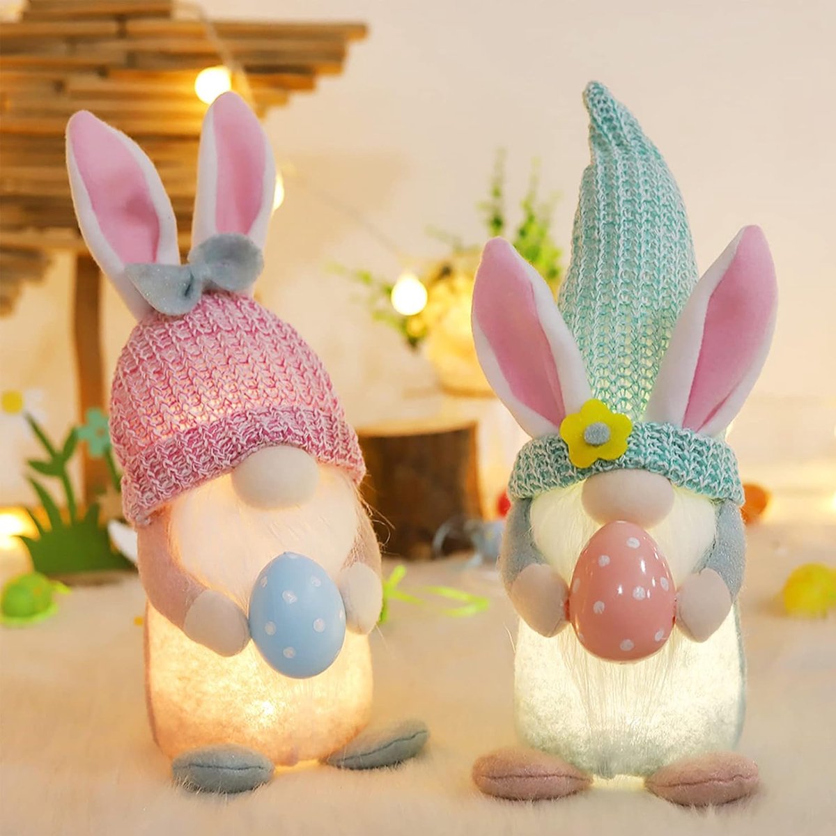 2 stuks paasgonk decoraties, paashaas kabouters pluche, oplichten gonks dragen paasei, Nordic Decor Scandinavische tomte set, gezichtsloze pop ornamenten, paasdecoraties indoor tafel open haard (C)