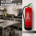 Rode brandblusser met groene hendel, hangend in een professionele keuken. Klaar voor gebruik.