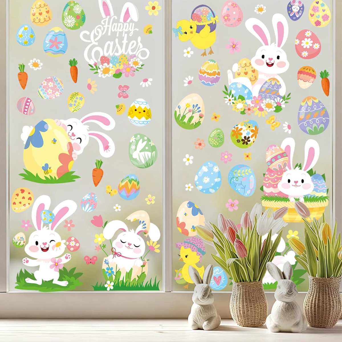 9 paas-raamafbeeldingen, herbruikbaar, zelfklevende raamstickers met hazen, eieren en kuikens - raamdecoratie voor kinderkamer met Pasen