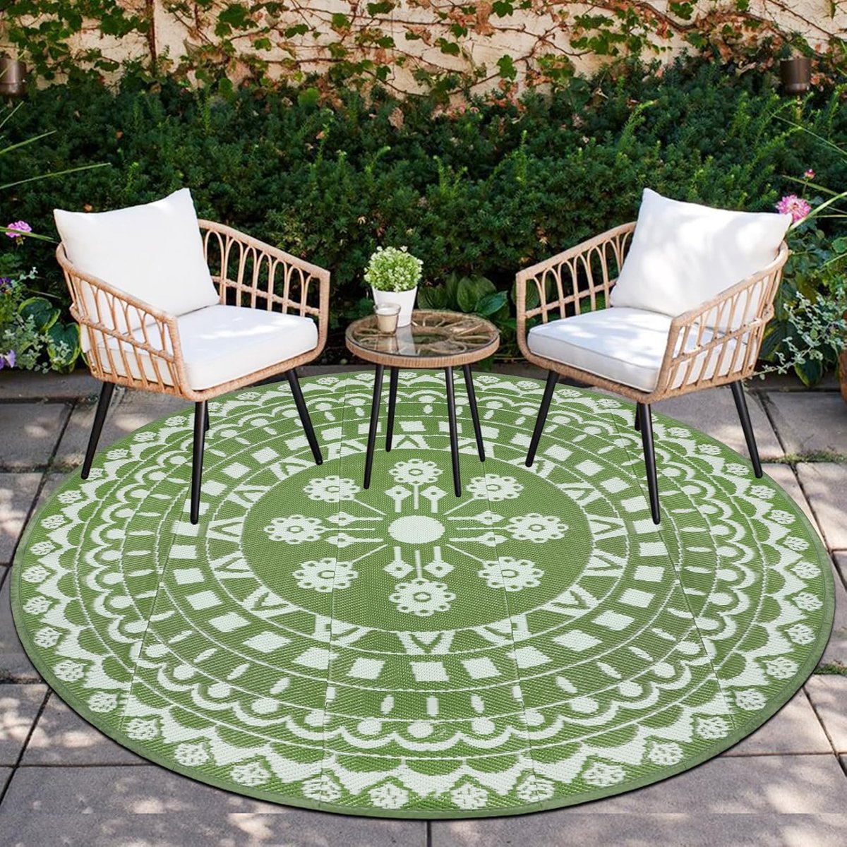 Outdoor tapijt, rond, 180 cm, weerbestendig, voortenttapijt, campingtapijten, kunststof picknickdeken, lichtgewicht outdoortapijt voor balkon, picknick, camping, tuin, terras, strand, camper