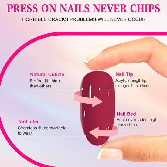 24 stuks nagels om op te plakken kort hoekig, wijnrood French press on nails, acryl full cover kunstnagels, glanzend herbruikbare nep nagels voor vrouwen meisjes DIY manicure — afbeelding 3