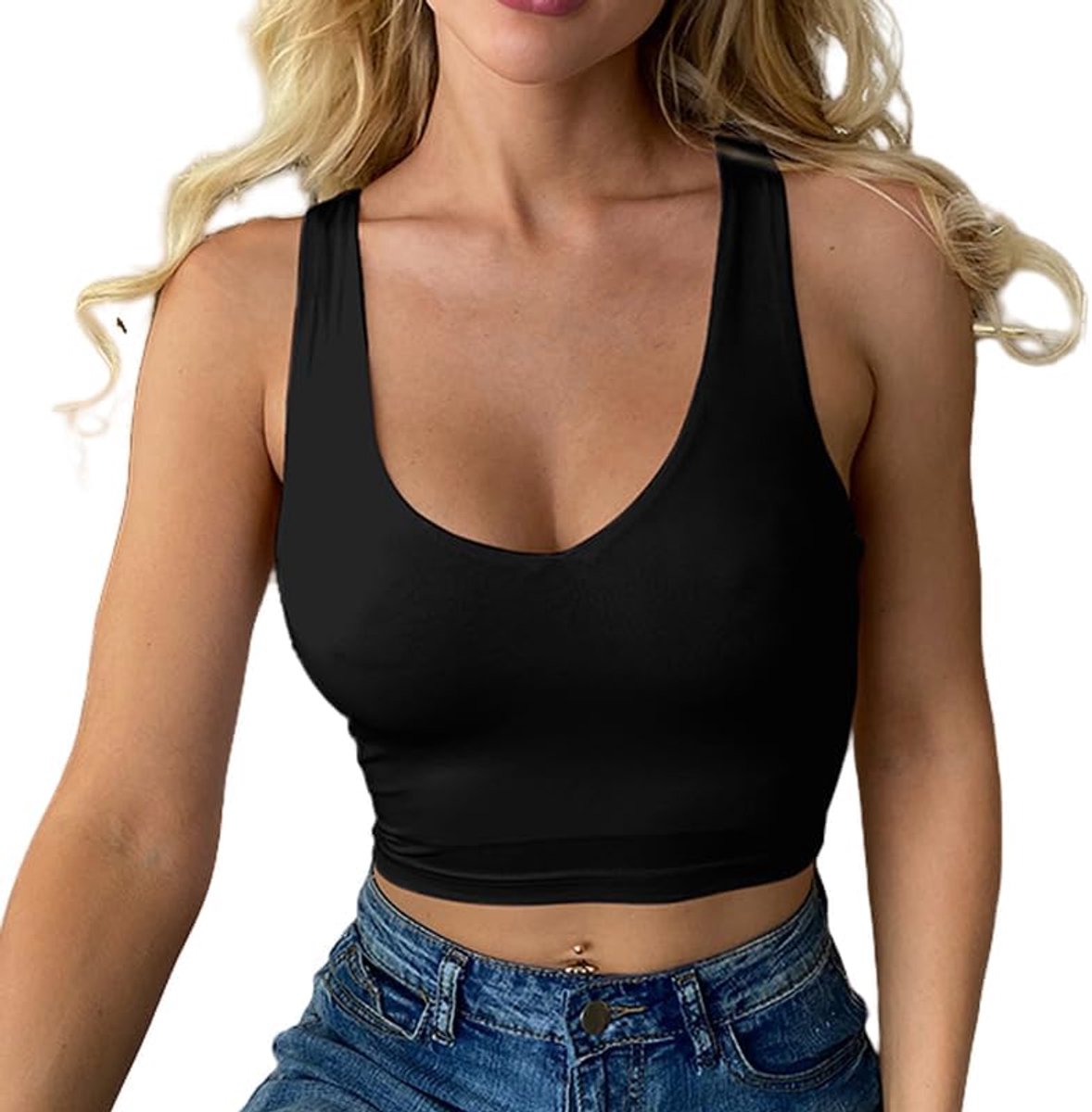Tanktop voor dames, elegant, zomer, crop top, sexy, slim fit, tanktop, mouwloos, korte mouwen, sporttop met V-hals, basic strakke onderjas, modieus T-shirt, effen shirt