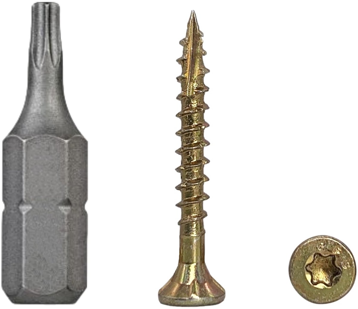 100 stuks verzinkt staal 3,0 x 25 mm geel houtschroeven, torx-kop, type 17, verzonken kop, gedeeltelijke draad, spaanplaatschroeven (100, 3,0 x 25 mm)