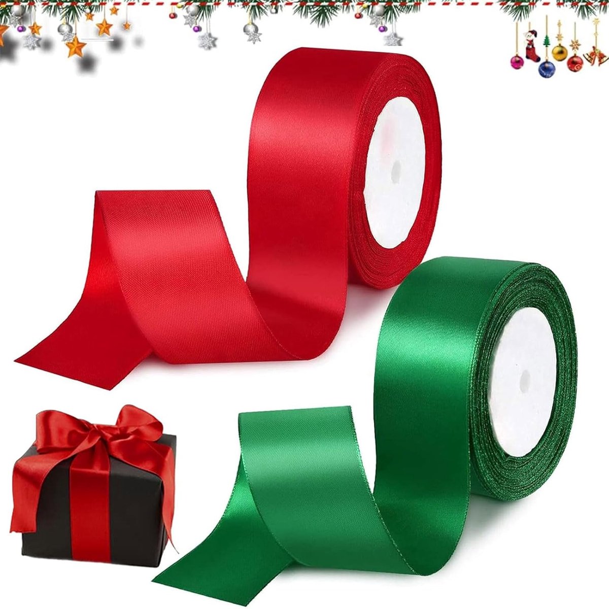Lint voor Kerstmis, satijnen lint, set van 2 rollen, 22 m x 25 mm, lint, satijnen cadeaulint, zijden linten om te knutselen, decoratief lint voor geschenkverpakking, Kerstmis, bruiloft, Valentijnsdag,
