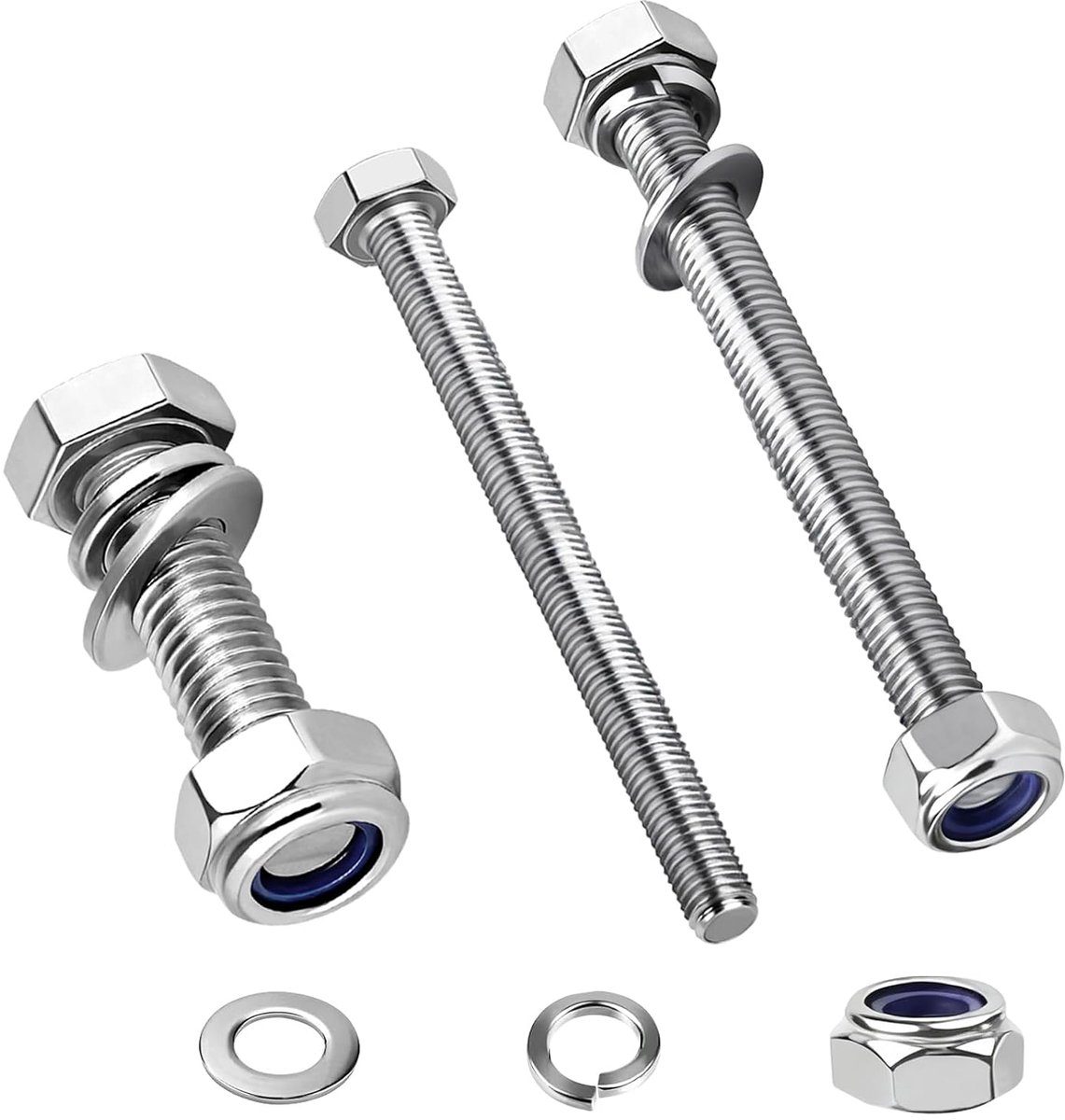Moerenset, 20 stuks, M6 x 30 mm, roestvrij staal, A2, V2A machineschroeven, roestvrijstalen schroeven, zeskantmoeren, sluitringen en veerringen voor doe-het-zelf meubels en
