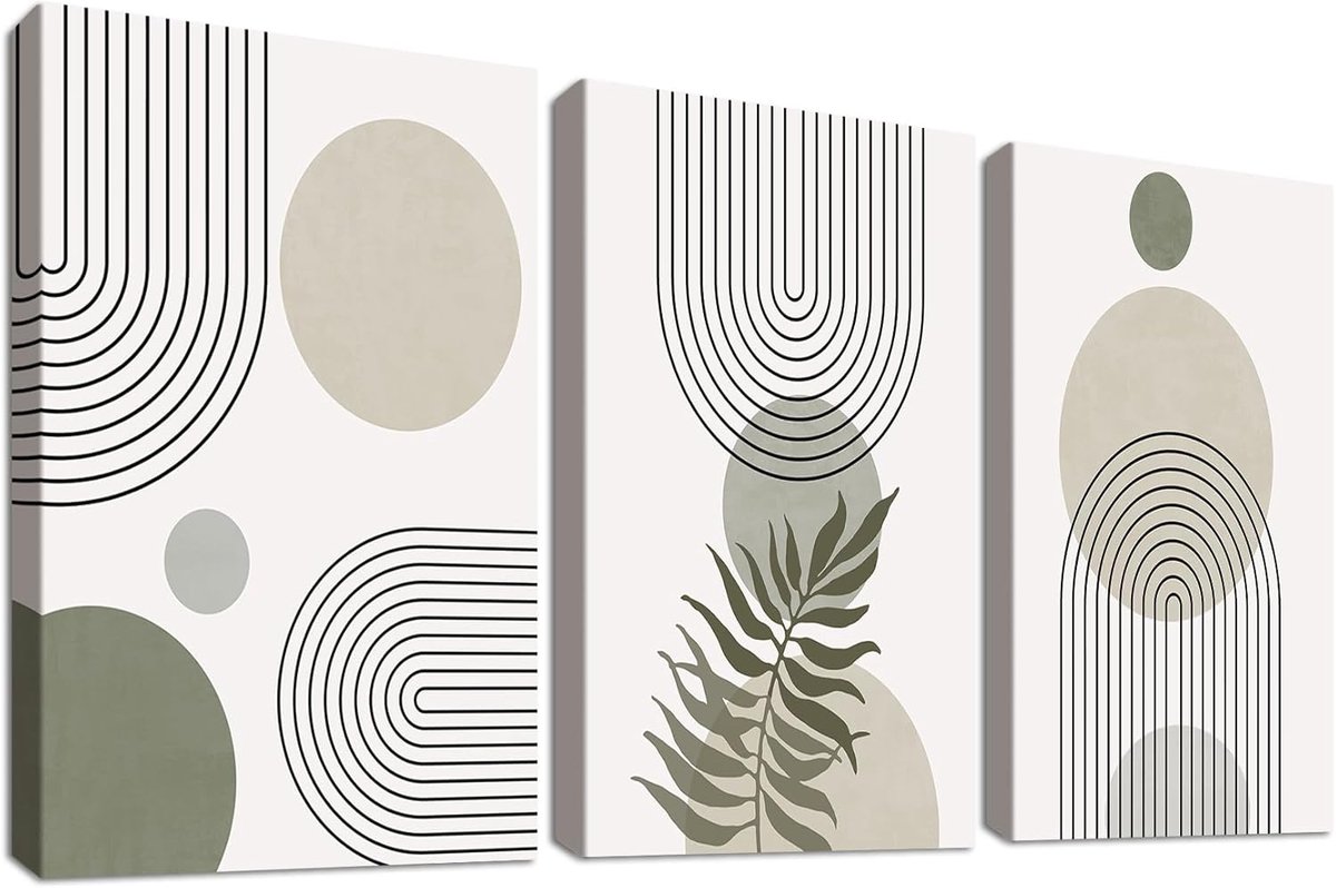 3 stuks houten ingelijste canvas wandkunst, abstract boho, saliegroen, canvasafdrukken, geometrische lijn, beige, groen, foto’s voor woonkamer, slaapkamer, decoratie, 120 x 60 cm (40 x 60 cm x 3 stuks