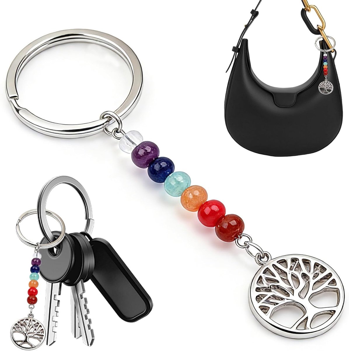 Sleutelhanger Natuurlijke edelstenen Levensboom, sleutelhanger geluksbrenger voor dames en meisjes, Levensboom decoratie sleutelhanger met kralen in kleurrijke levensboom hanger