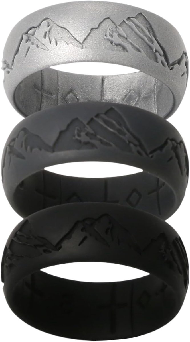 Ringen voor heren: 4-pack bergpatroon trouwring 8,5 mm comfortabele rubberen sportringset voor dagelijks gebruik, sportschool, werk, reizen