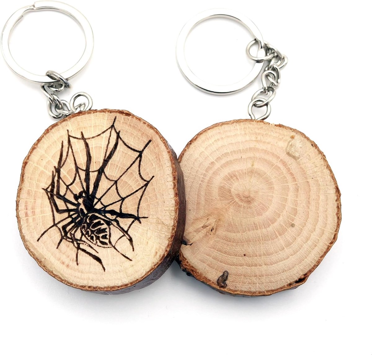 Generico Sleutelhanger Sleutelhouder van natuurlijk hout met spin met spinnenweb, Bruin, Eén maat